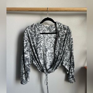 Floral black and grey long sleeve tie wrap top